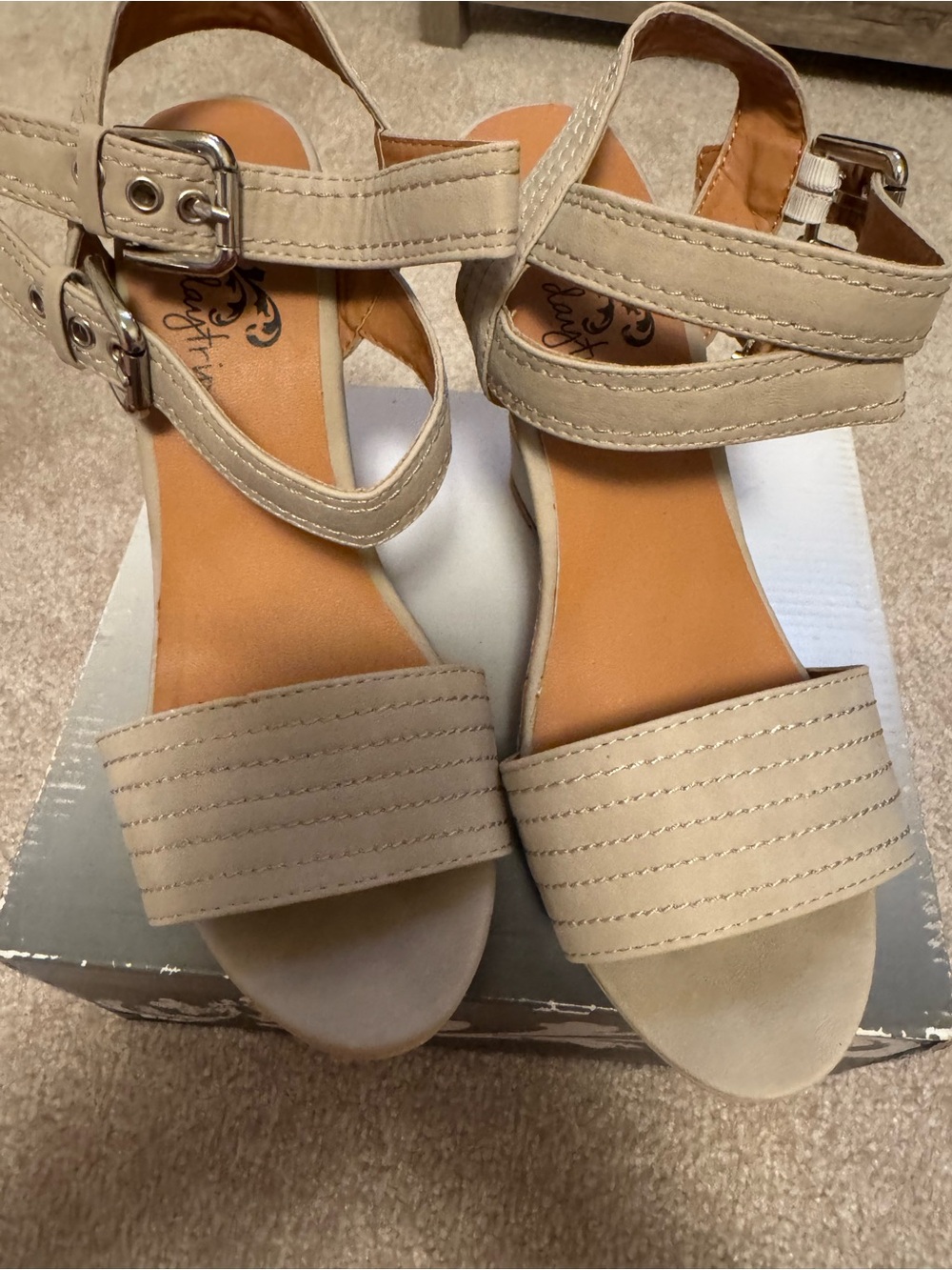 Beige Ankle-Strap Sandals with Double Buckle